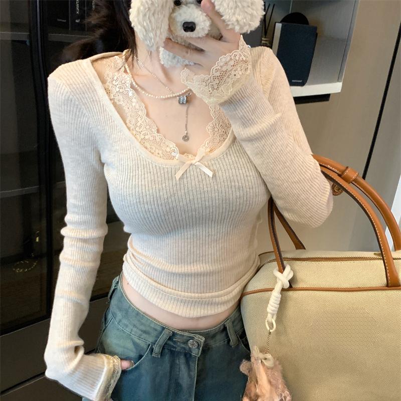 Jersey de Punto Casual de Encaje con Cuello en V para Mujer Otoño e Invierno Nuevo Jersey de Punto Ajustado para Mujer Tops Elegantes Sólidos Vintage Jerséis de Señora 25865