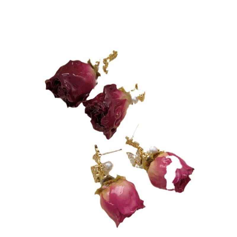 Dried Rose Earrings - Retro Port Style Niche Design - Premium Everlasting Flowers Double Butterfly Shell Bead Earrings
