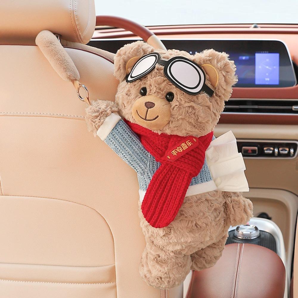 

Soft Car Paper Box Short Plush Bear Shape Multi-functional Storage Bag Cute Tissue Box for Home Style A