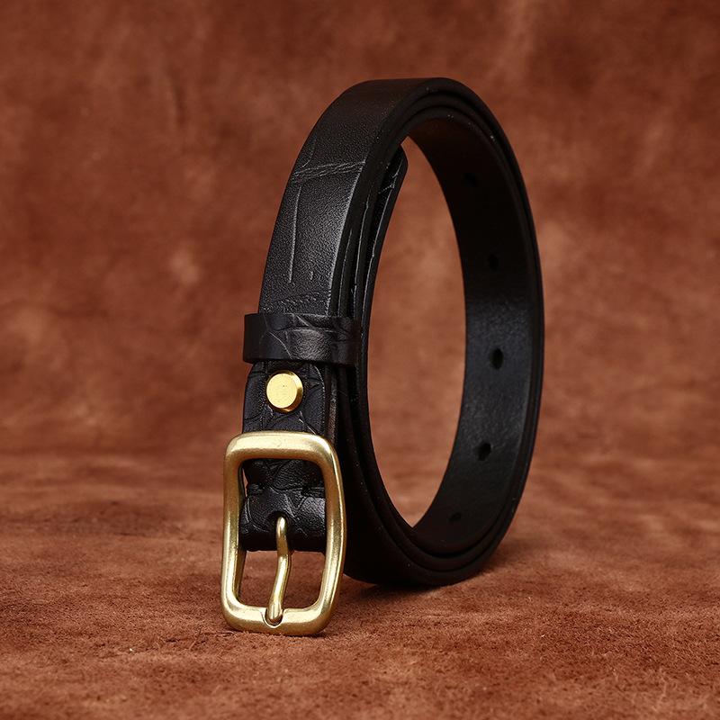 Fine Women's Belt Italian Retro Fashion All-Matching Decorative Genuine Cattlehide Leather Surface Pressure Crocodile Pattern Belt for Women