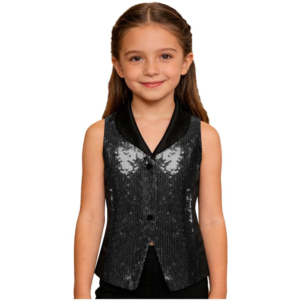 Třpytivá pódiová vesta pro dívky: Saténová vesta s kontrastními barvami, klopovým výstřihem a patentkami, Nezbytnost pro taneční kostým