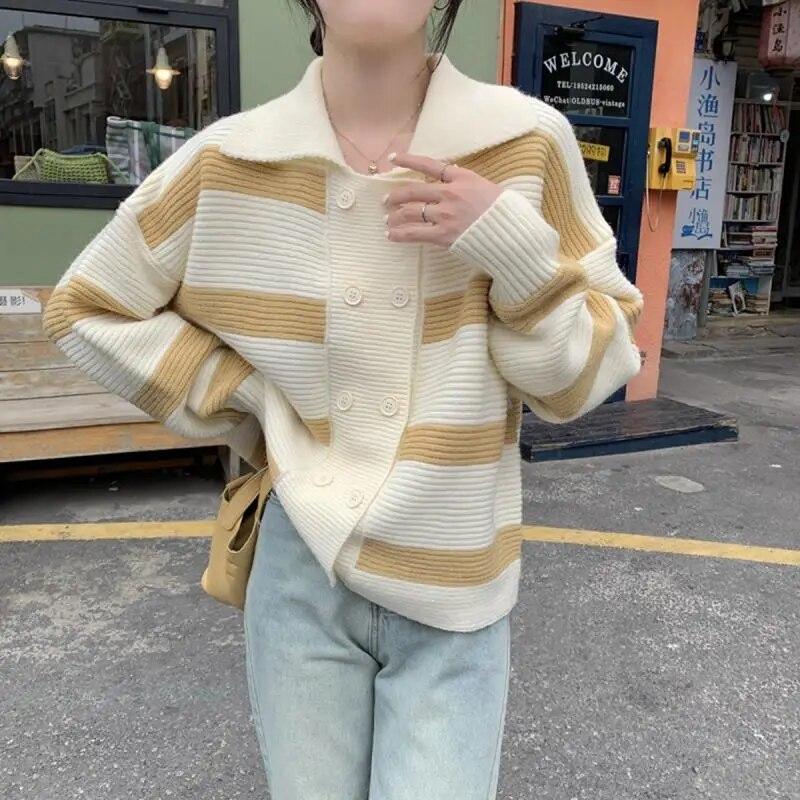 

Японский контрастный полосатый кардиган, женский весенне-осенний свободный мягкий клейкий вязаный свитер с длинными рукавами, кардиган One Size жёлтый