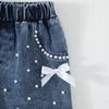 Baby Girls 2-Piece Outfit, Ribbed Ruffle Neck Top and Embellished Denim Shorts