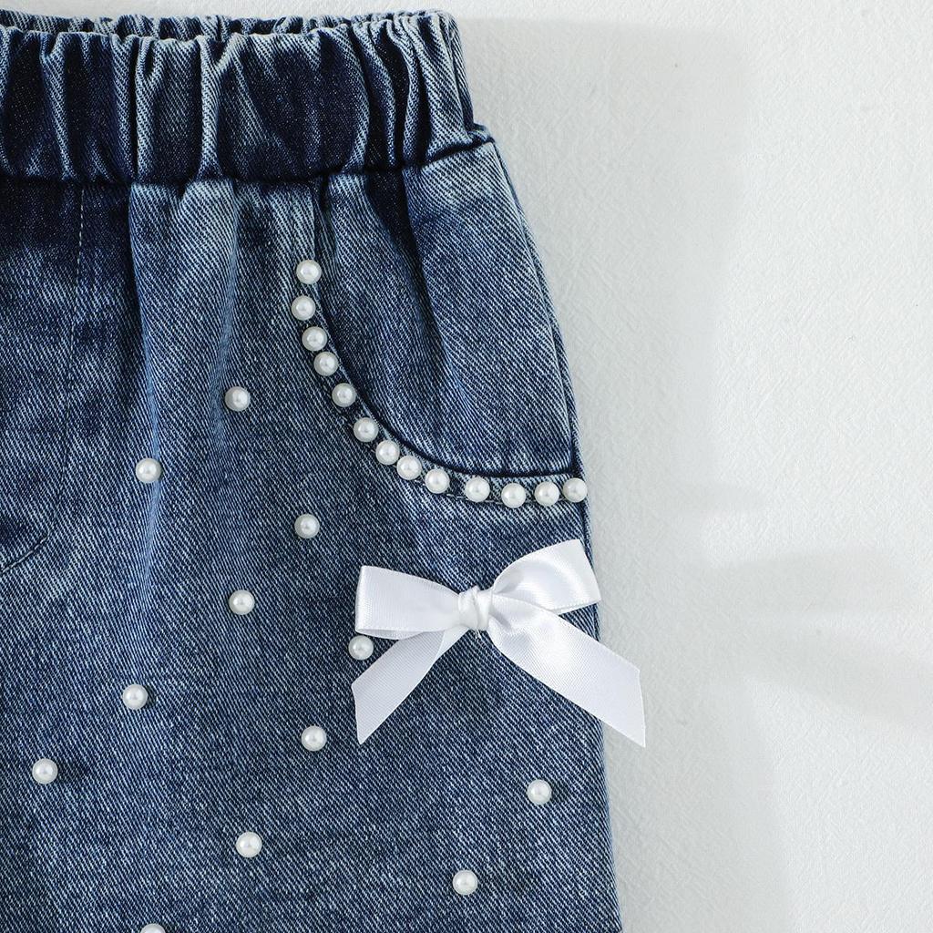 Baby Girls 2-Piece Outfit, Ribbed Ruffle Neck Top and Embellished Denim Shorts