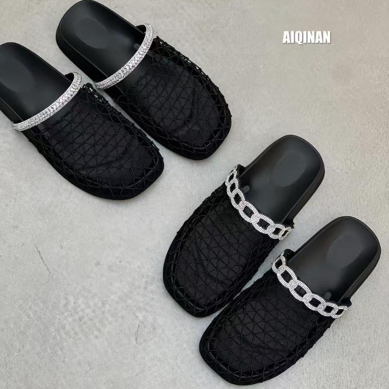 Summer new outer wear hollow woven breathable bag head half slippers women's flat bottom rhinestone cool slippers fishing net shoes