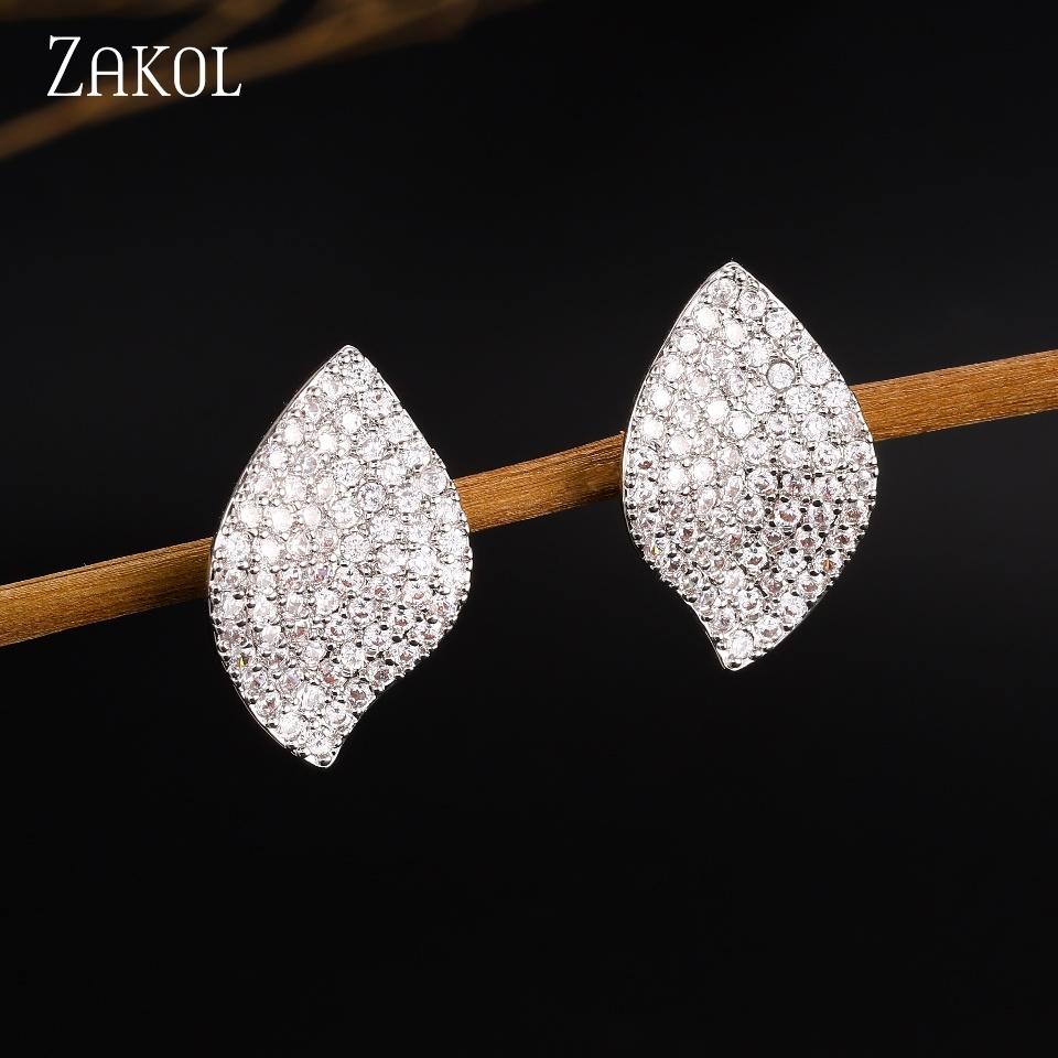 ZAKOL Simple Leaf Shape Micro-set CZ Zircon Stud Earrings Exquisite Fashion Charm Jewelry Gift For Women Girls