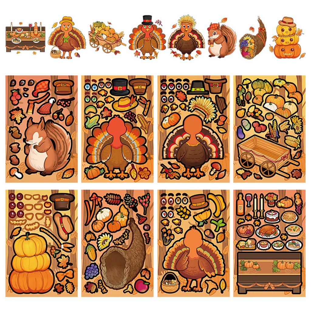 8 Thanksgiving Puzzle Face-changing Stickers, Cartoon Turkey And Squirrel Children's Cute Puzzle Diary DIY Stickers