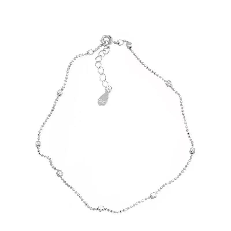 18K Round Bead & Square S925 Sterling Silver Stackable Bracelet - Women s Shiny INS Style Jewelry S925 Silver