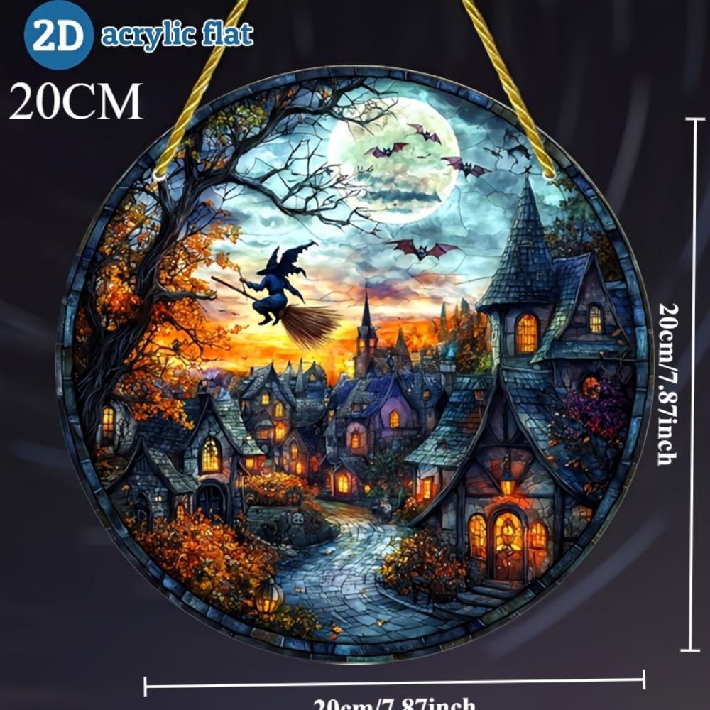 2D Flat Acrylic Halloween Village Decoration - Witch Riding Broom, Full Moon, Suitable for Windows, Walls, Porches, Classrooms, Home Garden Decoration