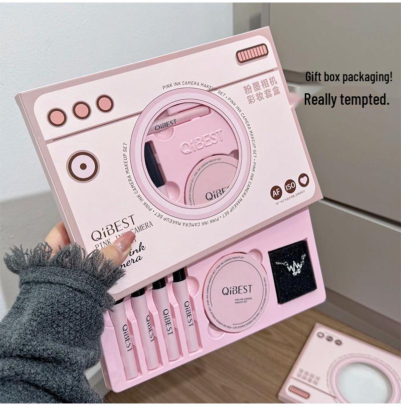 Set Machiaj QIBEST Pudră Cerneală: Ruj, Pudră Compactă, Noroi de Buze, Luciu de Buze, Rimel - Cutie Cadou Frumusețe