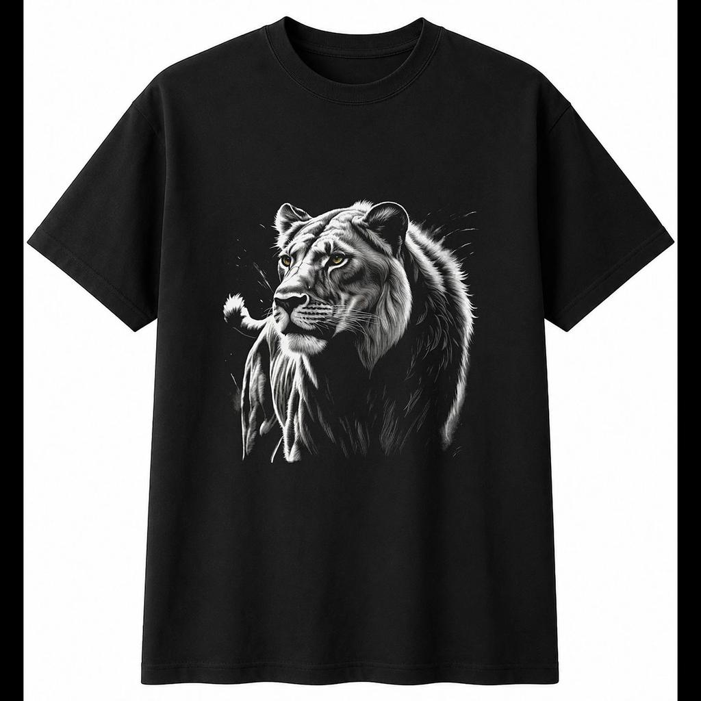 Charcoal Lioness with Feathers Mens T-Shirt Wildlife Black 100% Cotton Printed