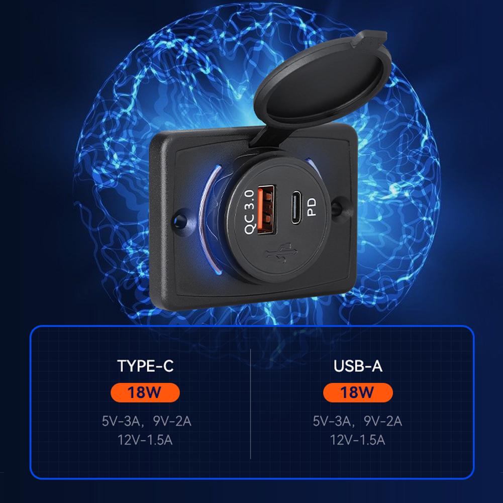 Enchufe Cargador de Coche 12-24V 18W PD QC3.0 Puertos de Carga USB para Coche Barco Marino con Luz LED Enchufe de Montaje en Panel de Superficie Plana