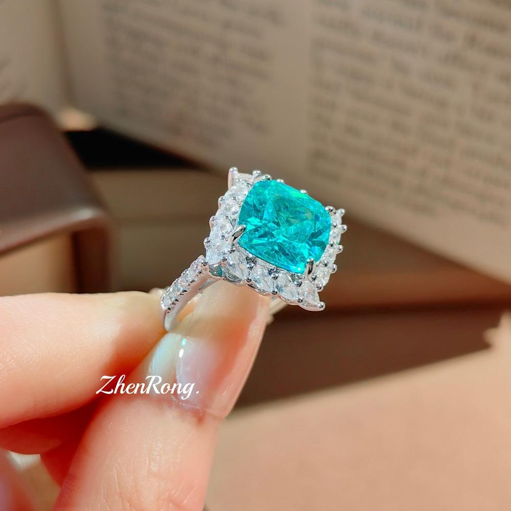 Women Elegant Jewelry Set Pink Tourmaline Square Ring Pendant Necklace High Carbon Diamond Stud Earrings