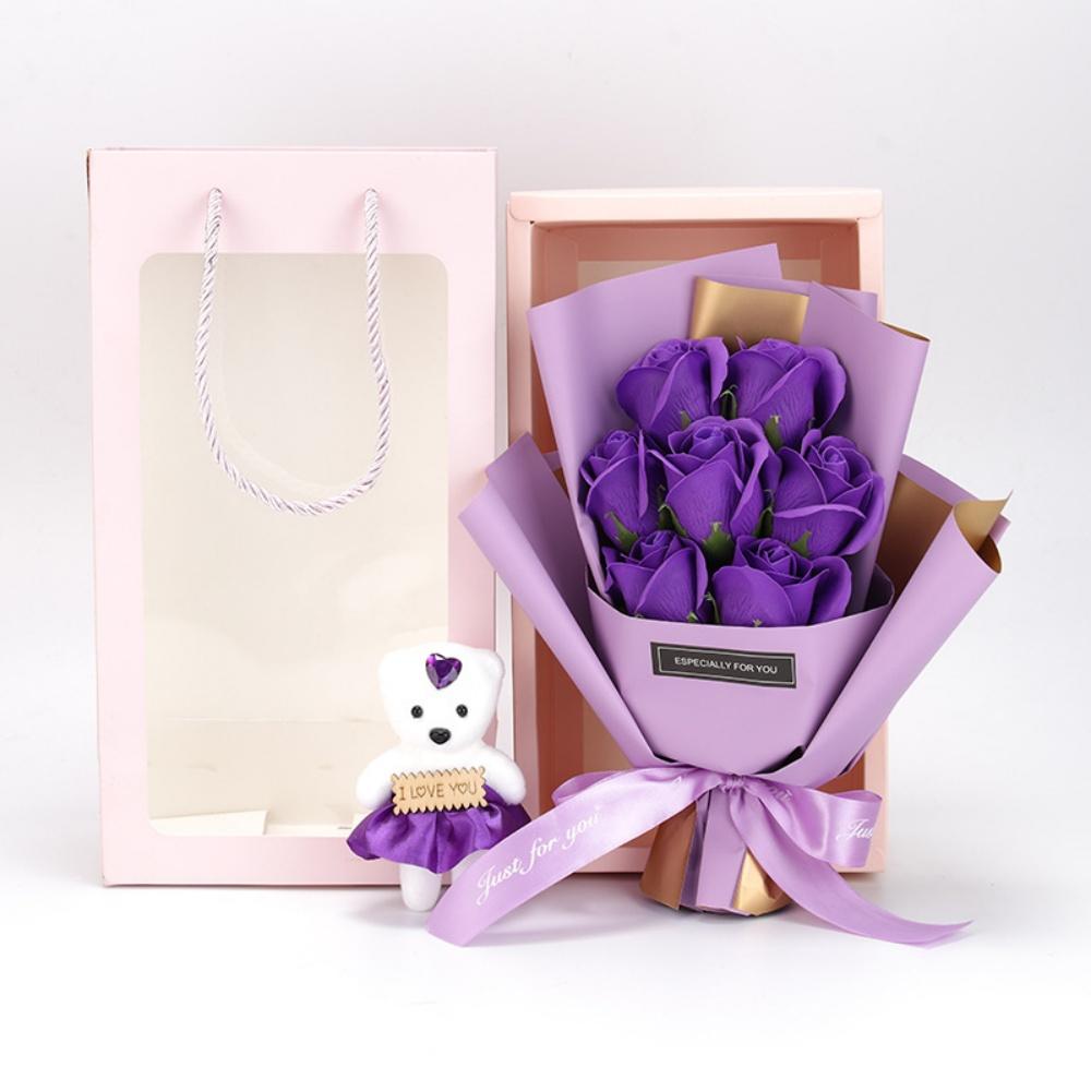 7 Heads Rose Artificial Bouquet Little Bear Gift Box Valentine's Day Handmade False Flower Bouquet Mother's Day Birthday Party