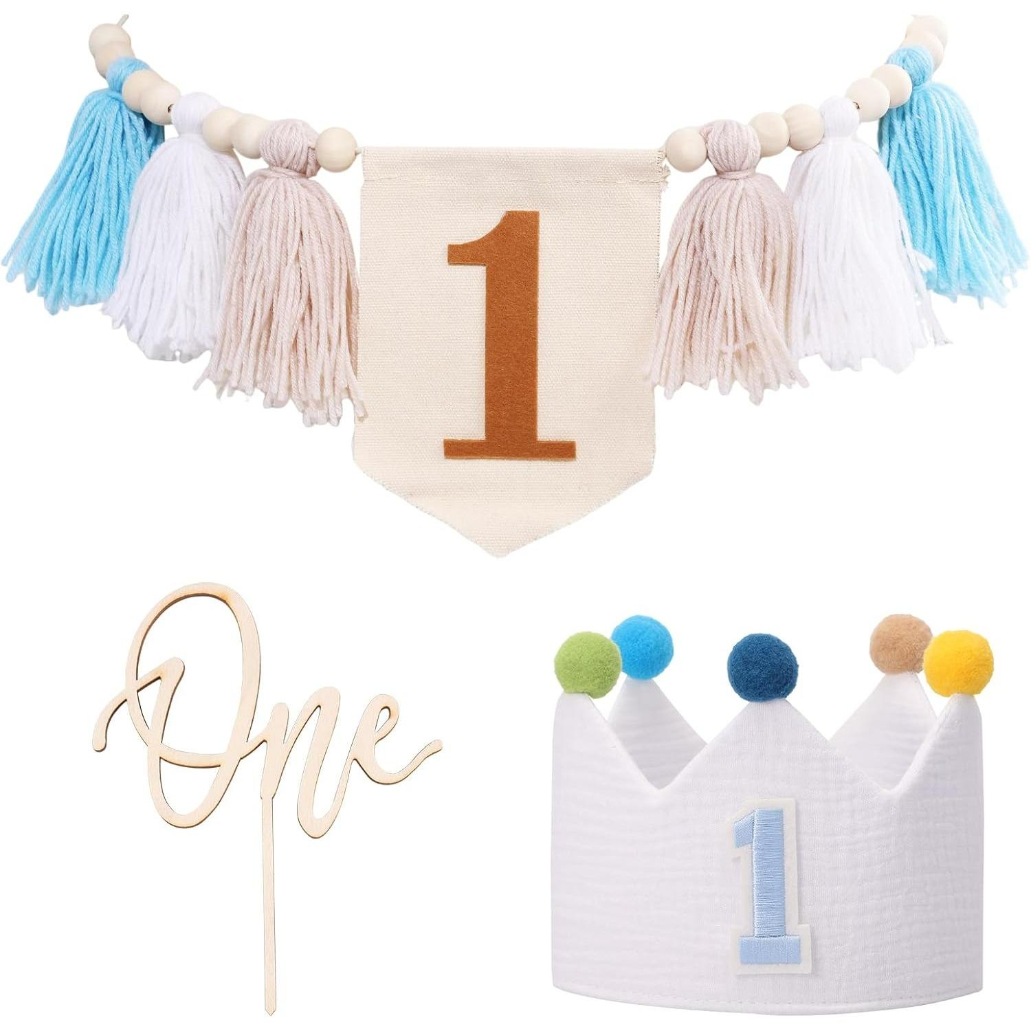 

Baby Birthday Party Decorations Highchair Banner Wood Bead Tassel Garland Conical Cap Bling Cake Topper Birthday Party Decorations for Baby P1