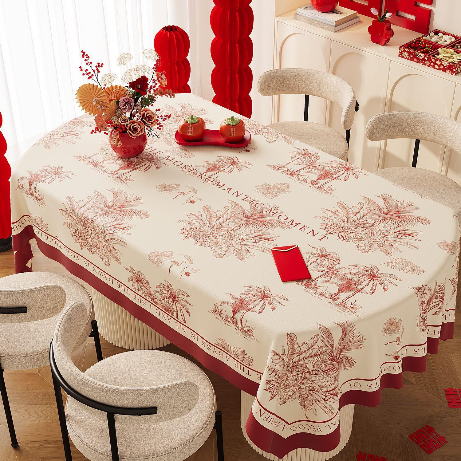 

Wedding Festive Red Tablecloth Waterproof And Oil-Proof Leave-In Light Luxury High-End Coffee Table Tablecloth Cover Red Meal 80*120 [waterproof and oilproof]
