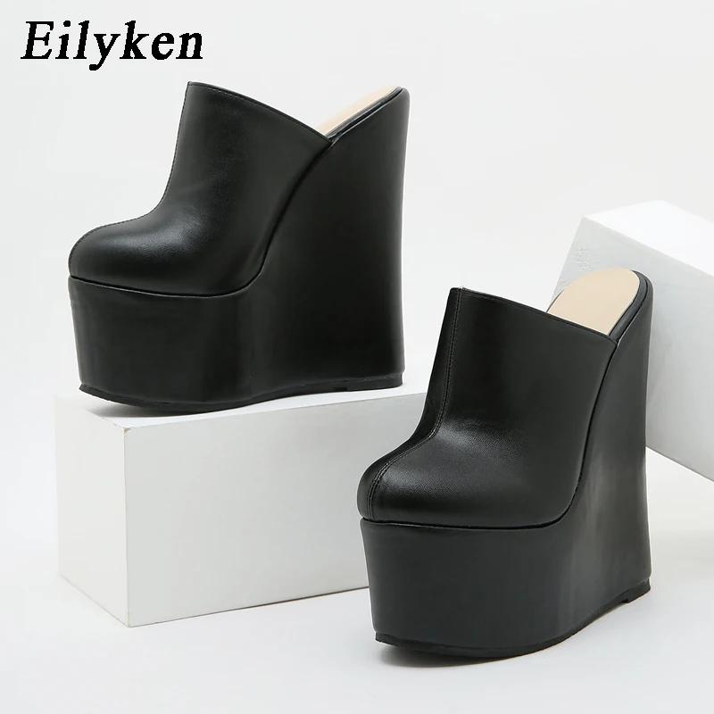 Fashion Eilyken 2025 New Arrival Platform Wedge Round Head Pumps Slippers Summer Woman Sexy Super High Sandal Shoes Black 35-42