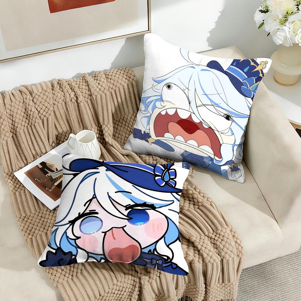 Furina Cute Genshin Impact Cushion Cover Silky Short Plush Invisible Zipper Dustproof Sofa Pillow Case For Home Decor