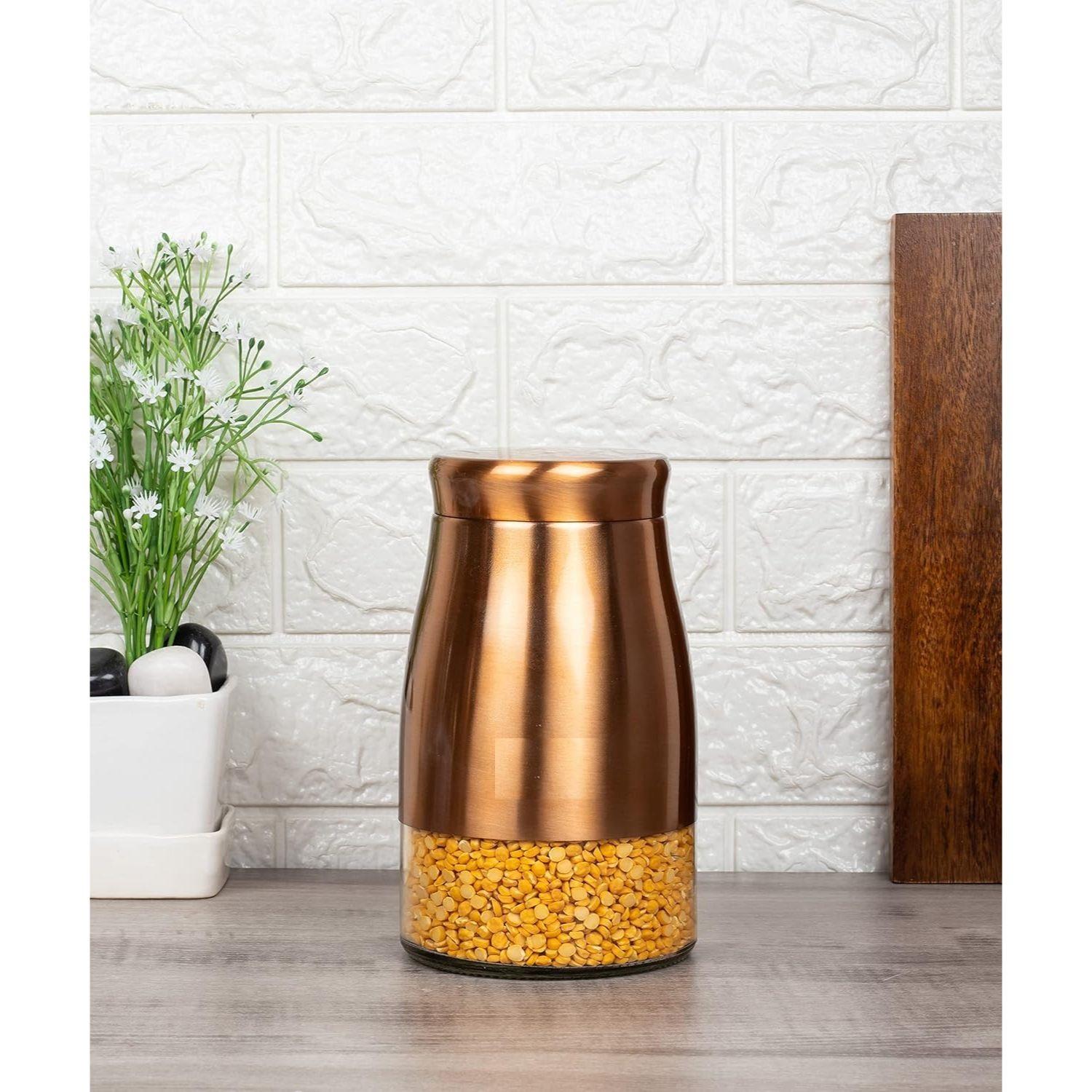 

Copper Metallic Clear Glass Jars | See Through Bottom Jar | Jars for Snacks, Fry Food, Masala, Spice, Pickles, Cookies |1300 ML | Set Of 1