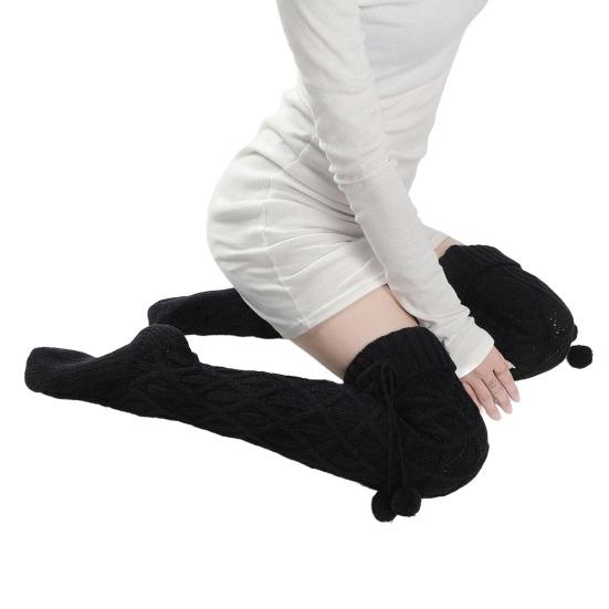 1 Pair Women Long Socks Solid Color Rhombus Texture Autumn Winter Knitting Stockings with Wool Balls Daily Wear