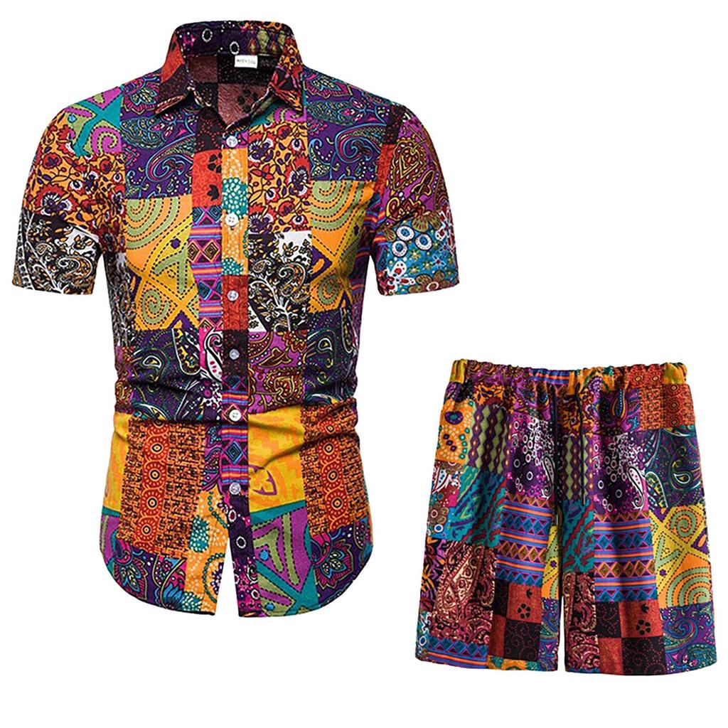 Men’s Summer 2-Piece Beach Printed Short Sleeve Shirts & Shorts Pants Sets