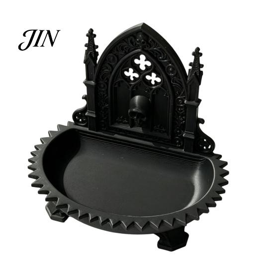Dark Niche Desk Decor Church Carving Design Storage Box, Matte Black Desktop Organizer for Rings Incense Tray Bracelets Goth Decor, Gothic Style