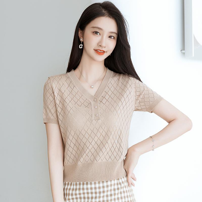 V-neck Ice Silk Short Sleeve T-Shirt Women Summer New Fashion Slim Fit Hollow Out Knitted  Short Top