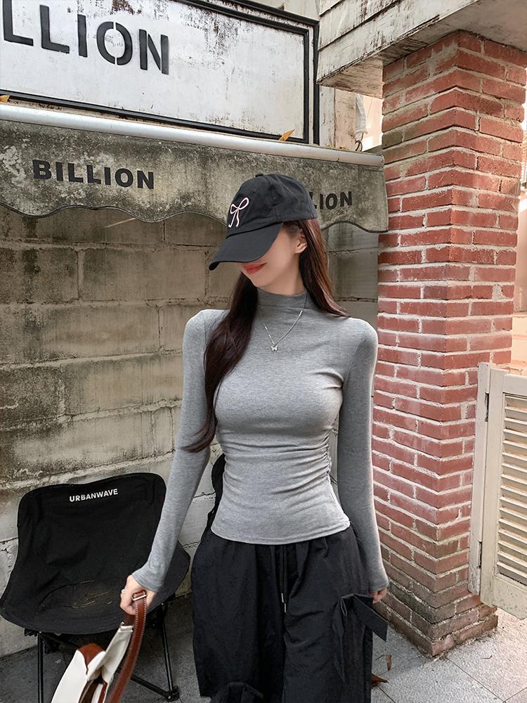Pleated Slim Fit Long-Sleeve Turtleneck Top for Autumn and Winter