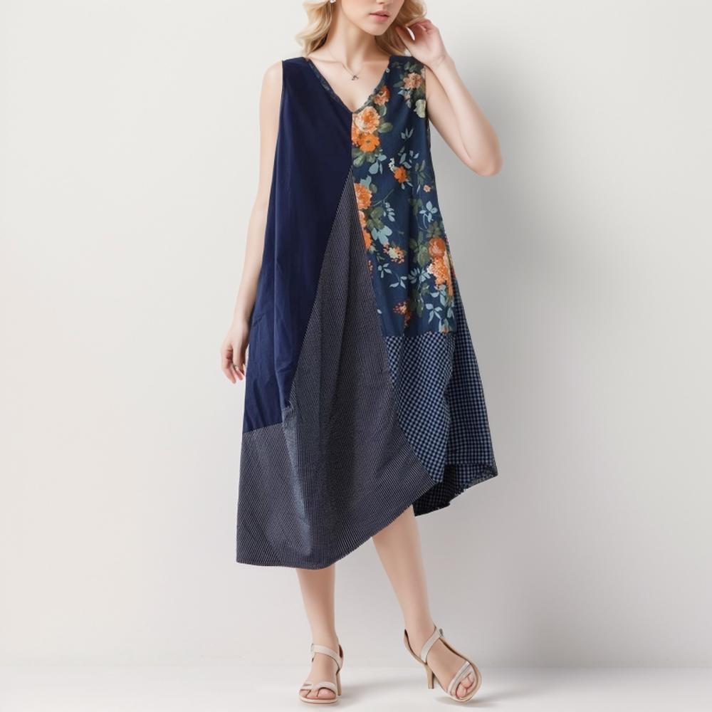 

DIMANAF 2024 Новое льняное платье больших размеров, летние женские платья без рукавов, свободные клетчатые узоры с круглым вырезом и принтом, базовый новый большой размер