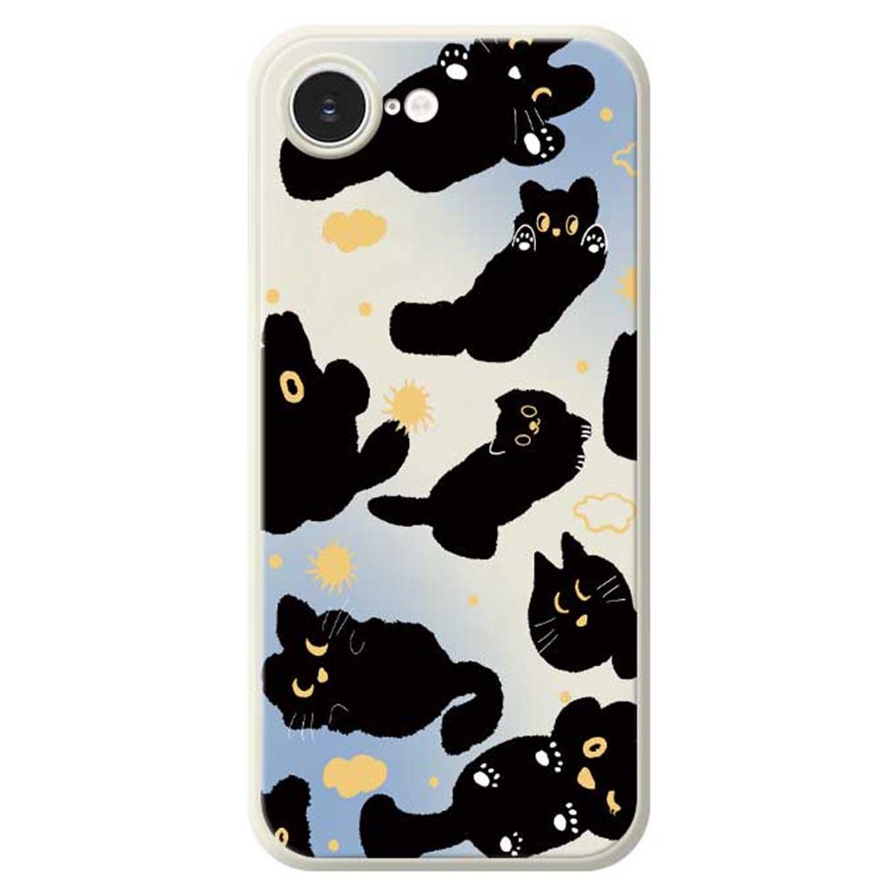 

For iPhone 16e Case Cute Black Cat Pattern Printing Straight Edge TPU Phone Back Cover Beige