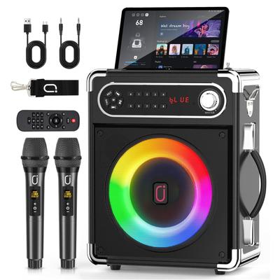 Karaoke stroj se dvěma bezdrátovými mikrofony, přenosný Bluetooth reproduktor s nastavením basů/výšek, PA systém s dálkovým ovládáním