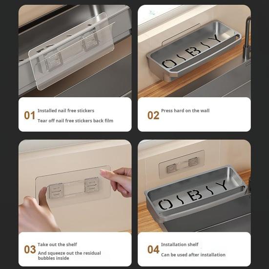 Sink Drain Rack with Hanging Rod Chopstick Holder Rust-Resistant Simple Installation Kitchen Countertop Organizer with Removable Tray