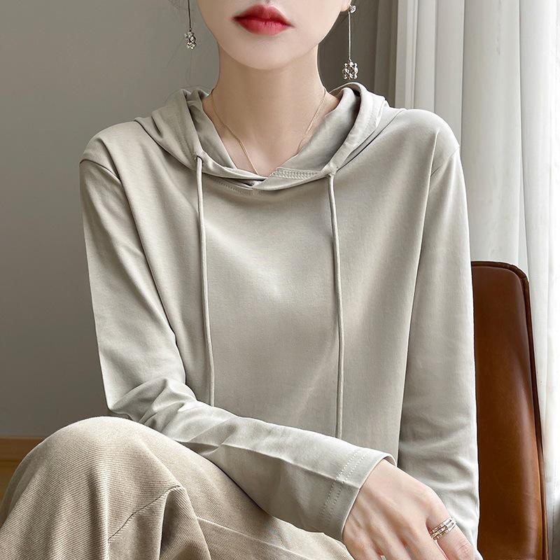 Women's Hooded Long Sleeve Sweatshirt Loose Fit Japanese Korean Casual Solid Color Cotton Spring Daily Versatile Layering Pullover Top
