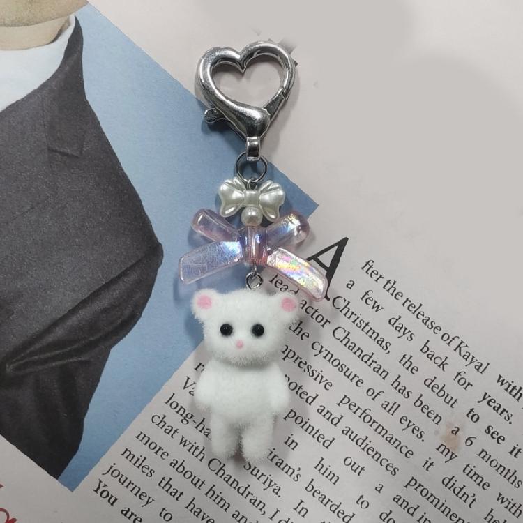 Cute Flocking Animal Keychain Cat Bear Doll Bowknot Pendant Keyring Accessories