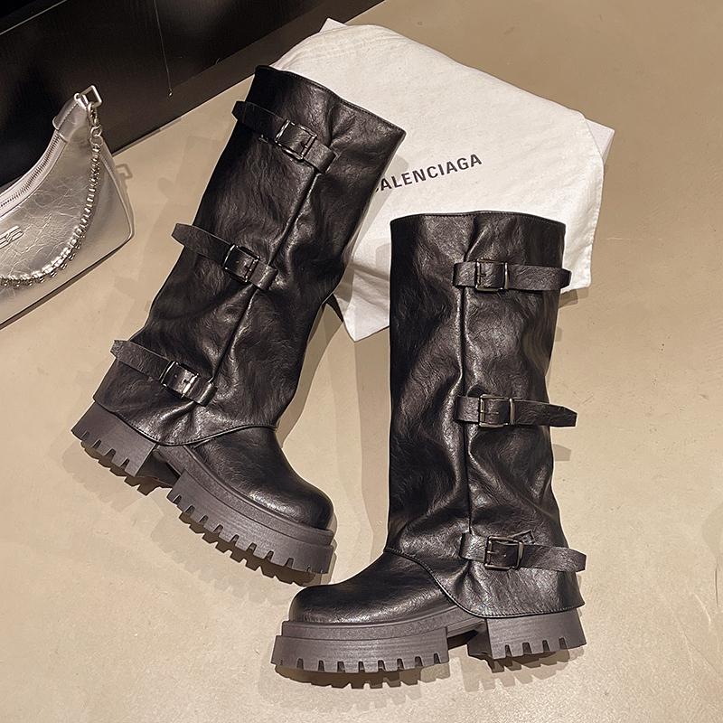 Fashion Designer Women's High Boots Chunky Fad Knee High Shoes Winter 2025 Chelsea Boots New Trend Goth Leather Motorcycle Mujer Botas