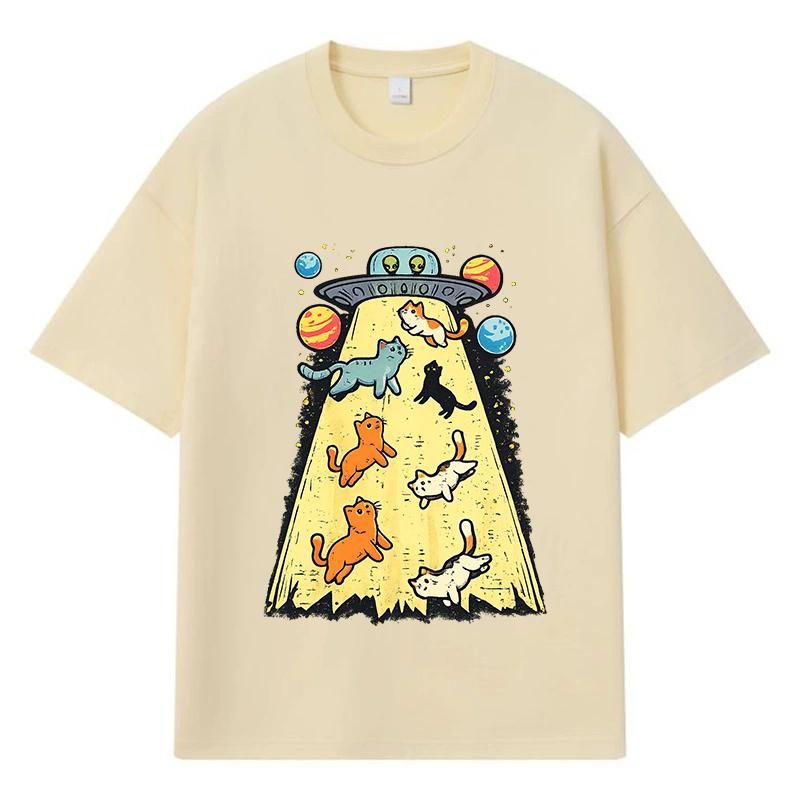 2026 Cats Abducted By UFO Printed Graphic Y2k Harajuku 100% Cotton T Shirt Casual Oversized Summer Men T-shirt