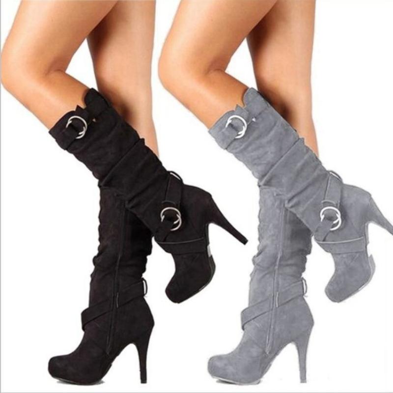 2026 Women Boots Autumn and Winter New High Heels Knight Boots Fashion Retro Belt Buckle Knee High Boots Female Plus Size 43