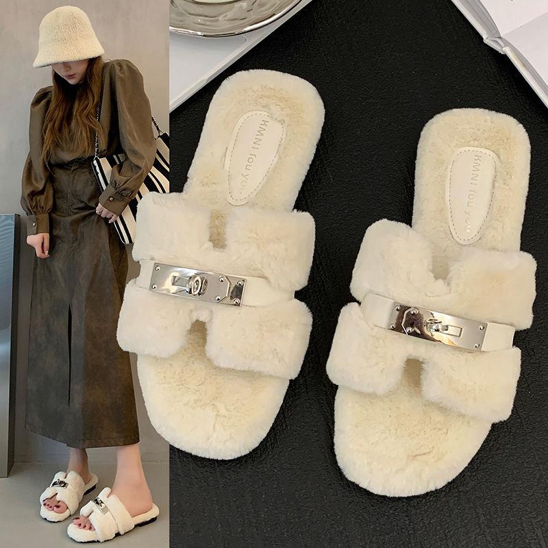 

Autumn slippers fluffy slippers socialite plush Korean version gentle flat bottom flat bottom 40 білий