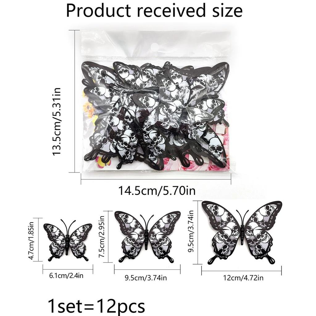 12pcs Halloween Butterfly Wall Sticker with Skull Design 3D Wall Butterfly Decorations Halloween Decor Room Stickers Butterfly Baby Shower Decorations