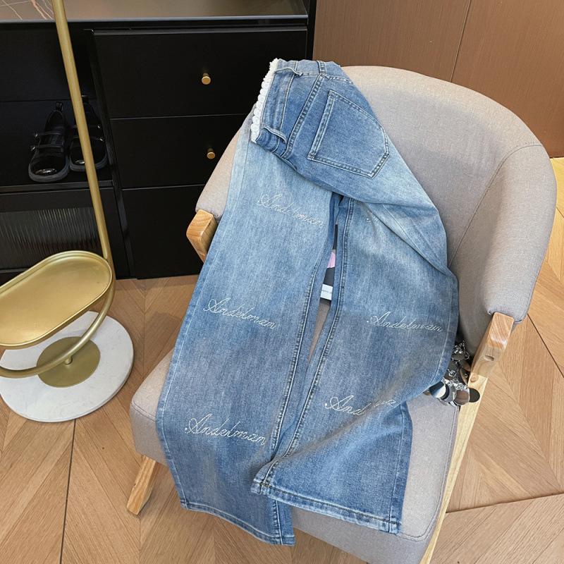American Spicy Girl Rhinestone Lace Patchwork High-Waisted Straight Leg Slimming Denim Jeans