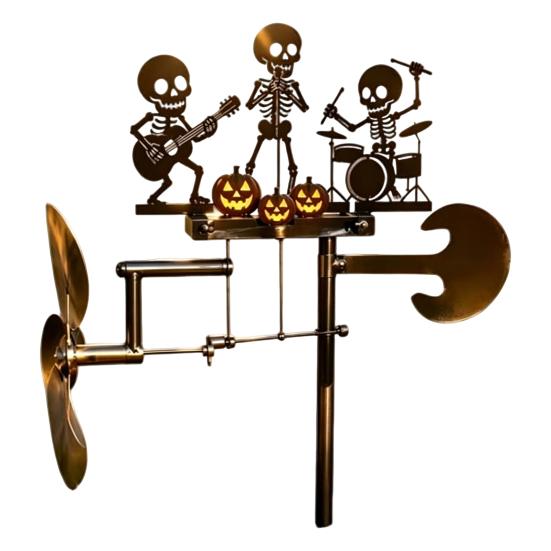 Roterande Metallpåle Halloween Skelett Rocktrio Vindsnurra, Handgjord Kinetisk Trädgårdsskulptur Gård Gräsmatta Prydnad för Utomhusdekor, Unik Musikalisk