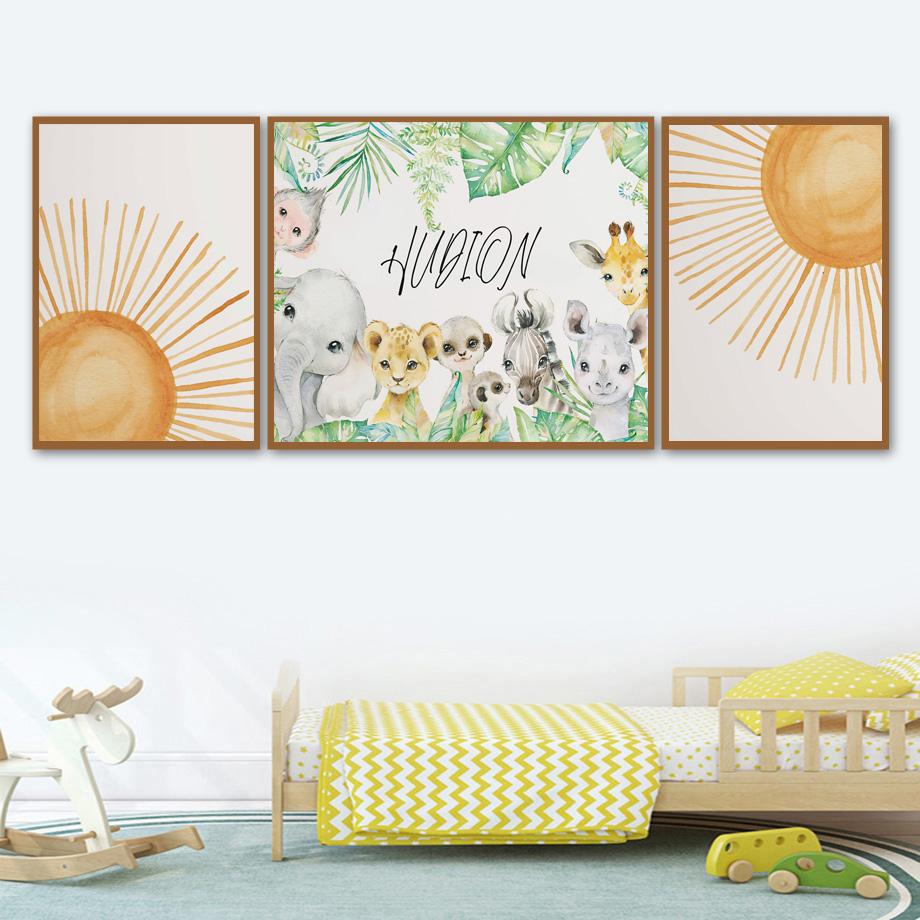 

Пользовательское имя ребенка в стиле бохо, солнце, сафари, животные, детские постеры, Лев, Зебра, настенные художественные принты, картина на холсте, настенная картина, декор для детской комнаты