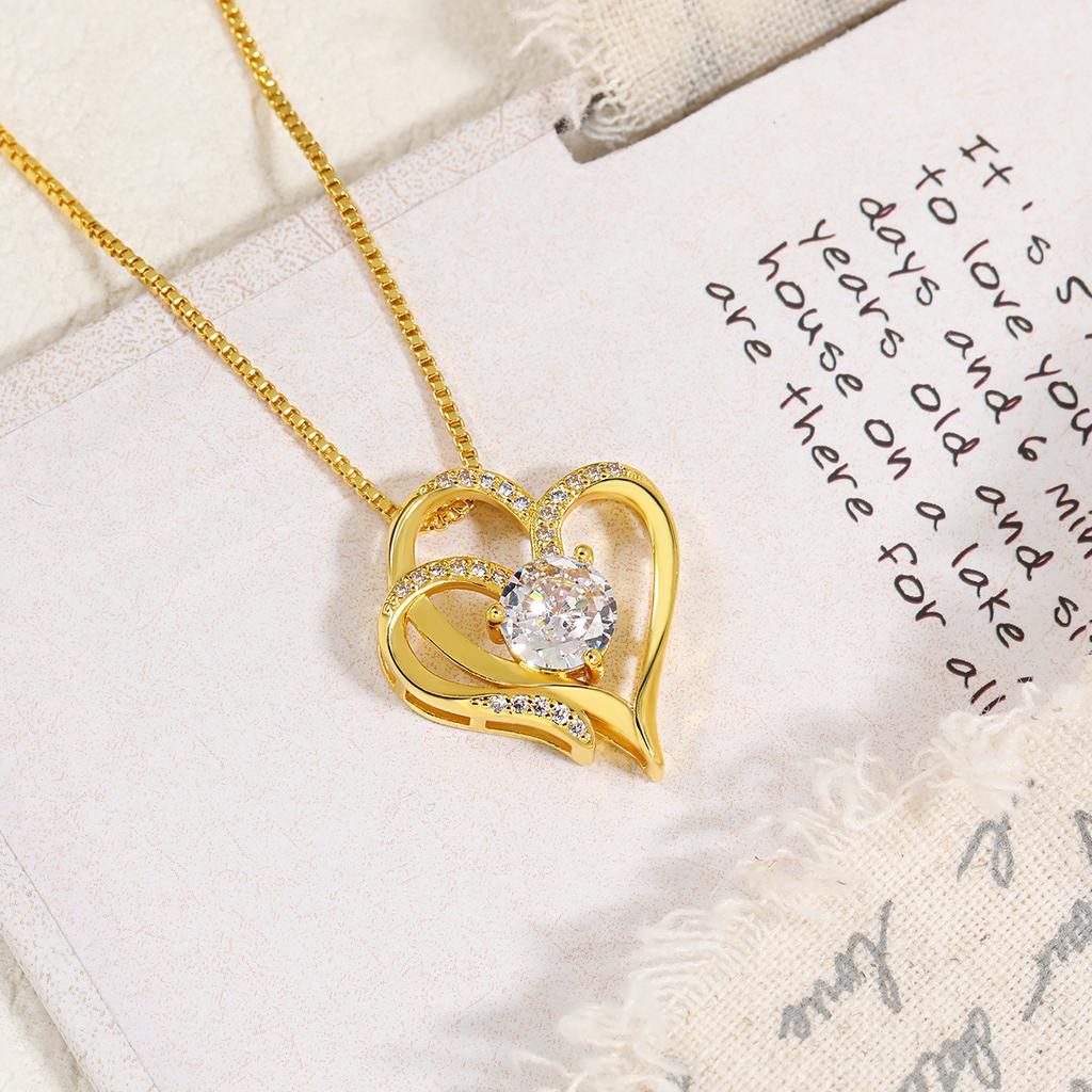 Double Heart Pendant Necklace Female, Premium Inlaid Color Zircon Heart-To-Heart Love Necklace