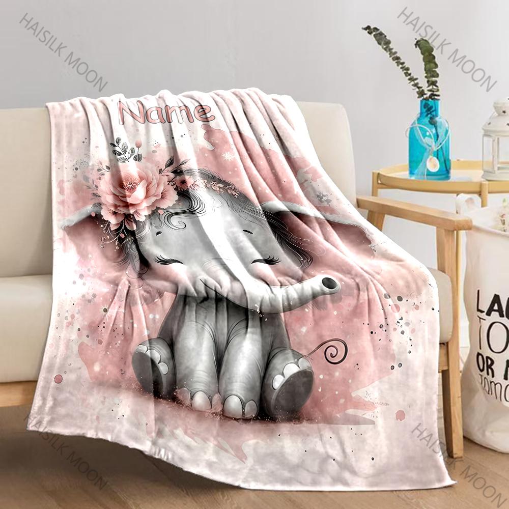 Baby Elephant with Flowers Printed Blanket Custom Name Blanket Bed Office Shawl Four Seasons Blanket Multiple Sizes Special Gift