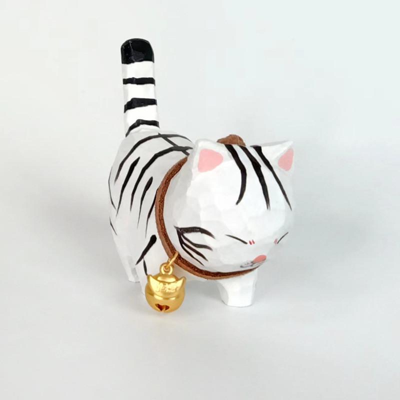 Wooden Handcrafted Carved Cat Figurine Cute Bell Desk Decor For Gifts And Home Office