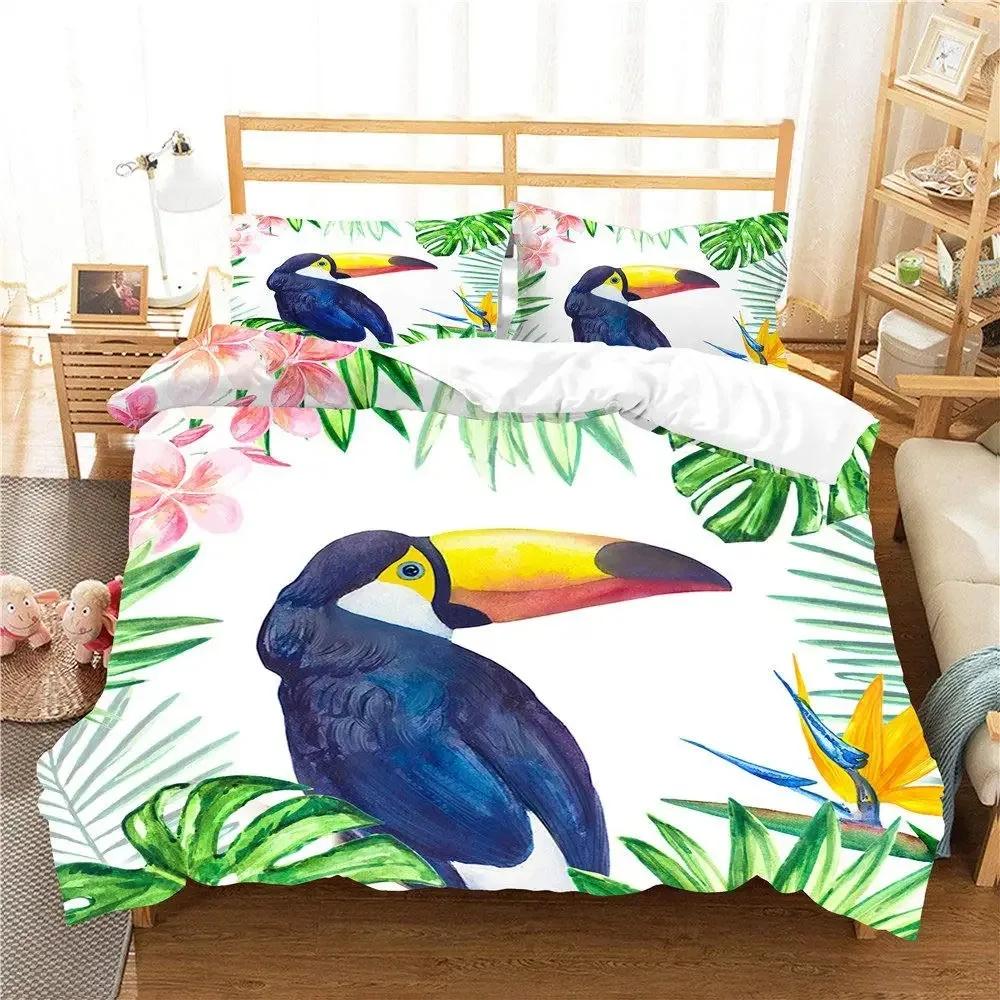 3D Toucan Duvet Cover Set Safari Animals Bedding Sets Tropical Jungle Birds Comforter Cover,Boys Girls Fresh Nature Quilt Cover