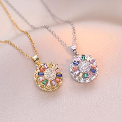 Colorful Zircon Rotatable Round Pendant Necklace for Women 2024 New Stainless Steel Chain Jewelry Party Accessories