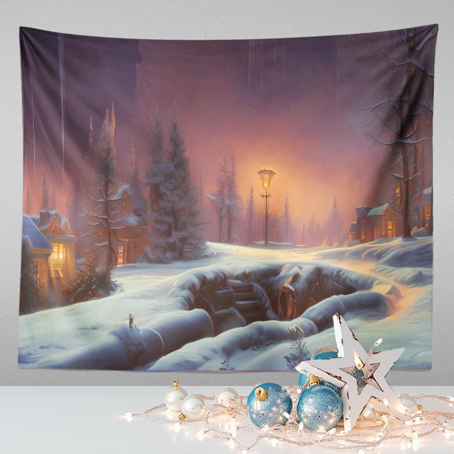 Amazon Festive Hanging Cloth Christmas Background Cloth Printed Cartoon Christmas Tree Snowman Tapestry