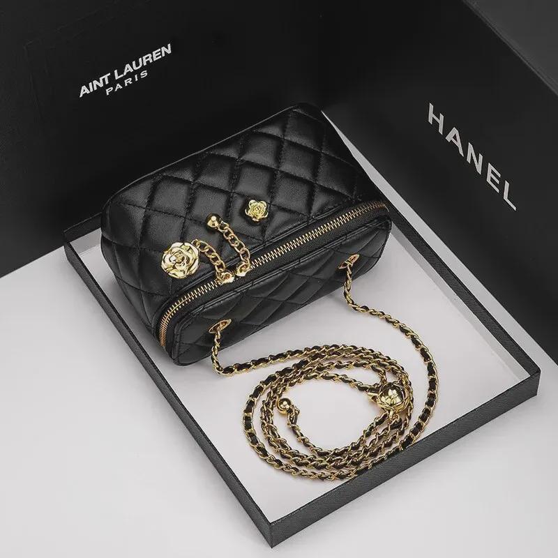 Genuine Leather Camellia Lightweight Diamond Chain Shoulder Bag - Mini Cosmetic Box Style