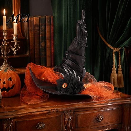 Dark Magician Cosplay Headwear Halloween Witch Hat for Women, Gothic Spider Web Mesh Skeleton Hand Multi Layered Lace Decor Rose Flower Wizard